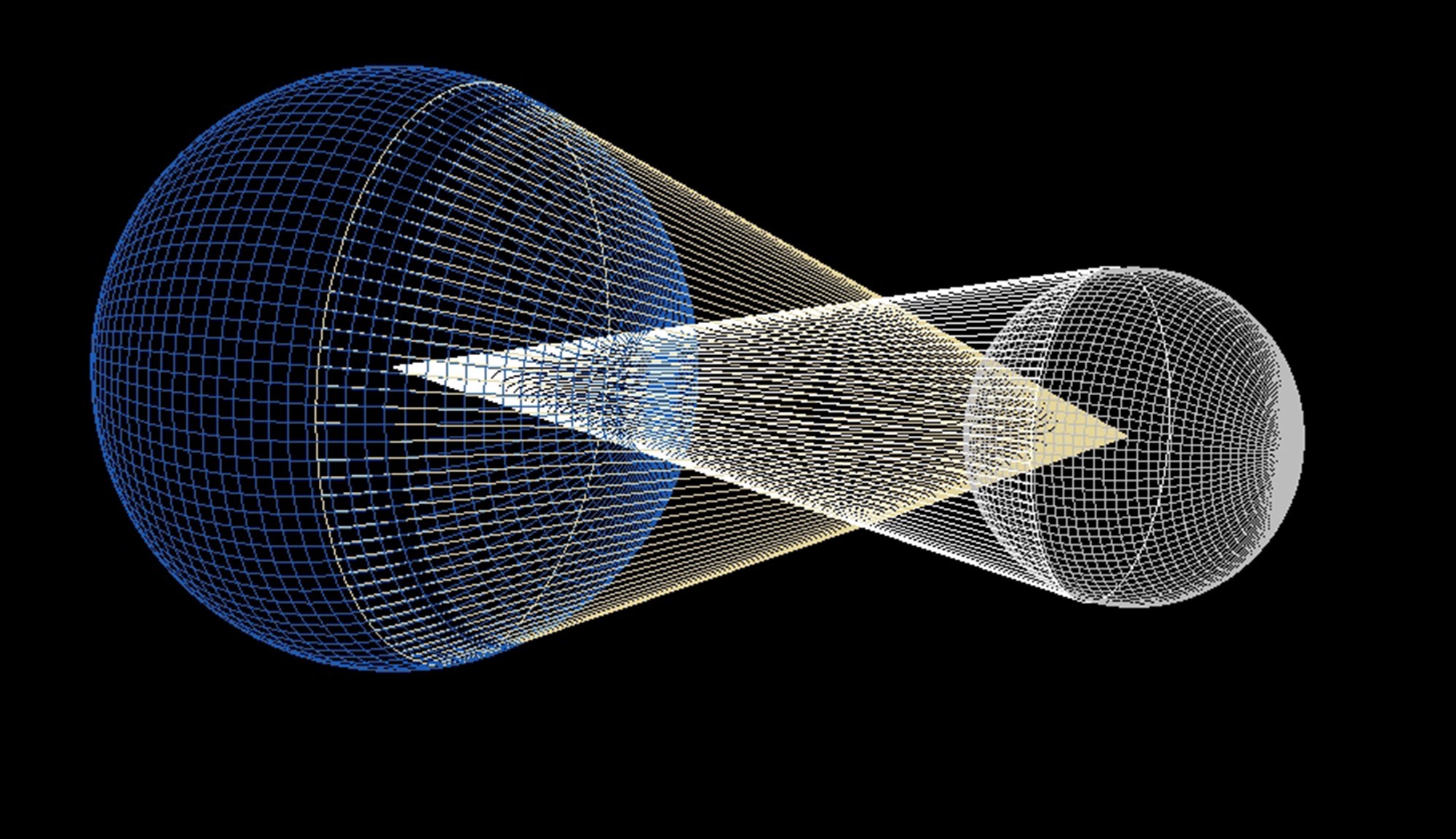 Wireframe of gravitational reach of two celestial bodies